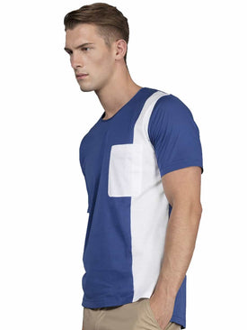 Blue cotton T-shirt with white raw edge side piece and a pocket.