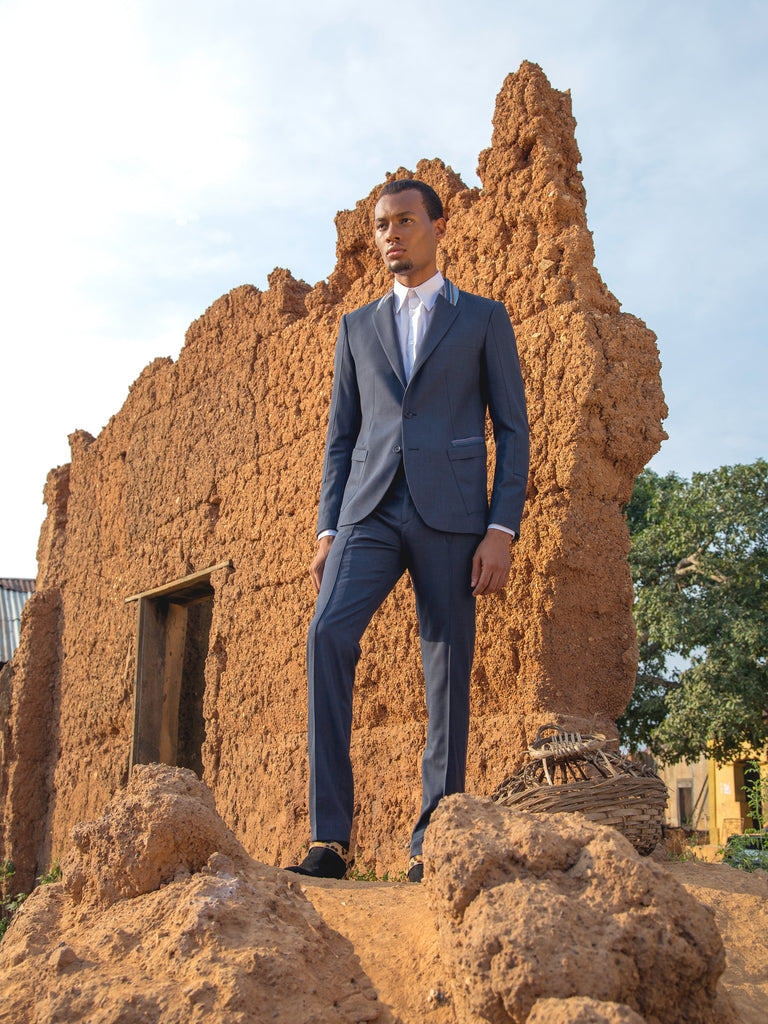 Wool Suit with Straight Leg Trousers - Blue