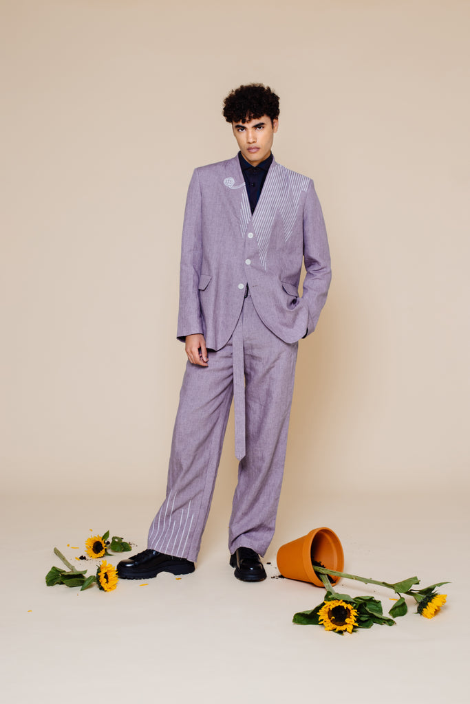 Embroidery Linen Suit with Wide Leg Trousers – Lilac