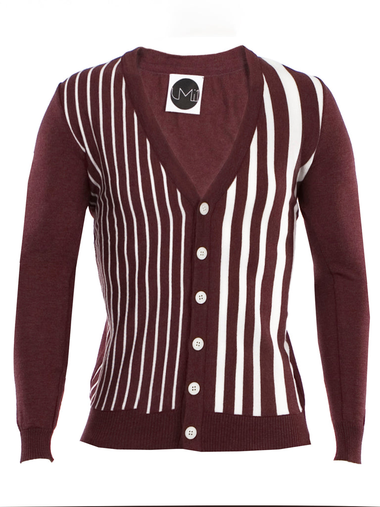 Striped Woollen Cardigan - Burgundy