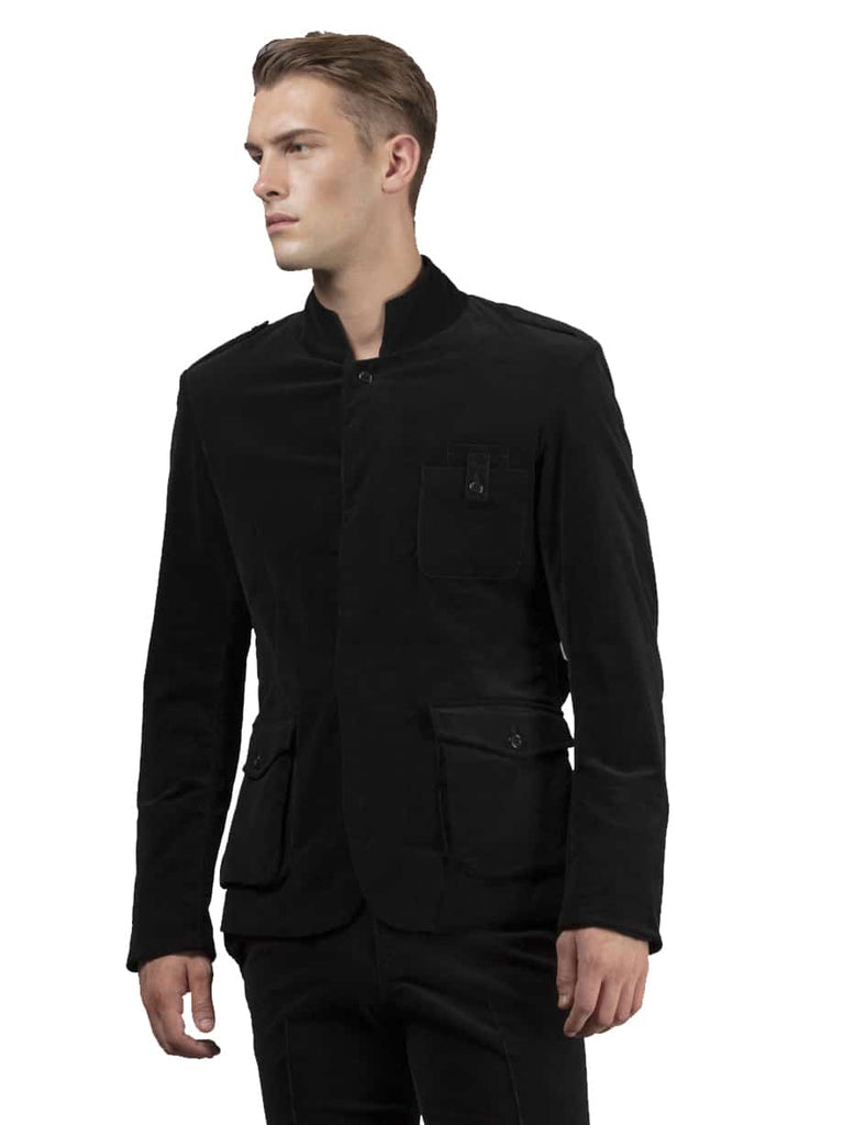Men’s black corduroy safari jacket with 3D pockets, stand collar and detachable belt.