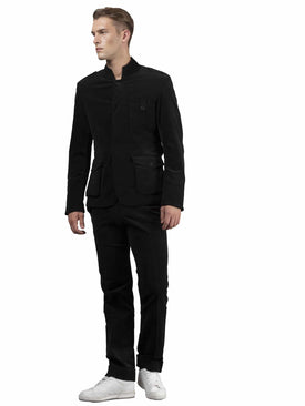 Black safari corduroy jacket with slim-fit shape.