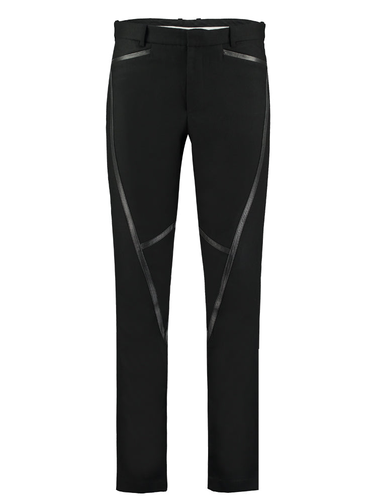 Leather Strip Wool Trousers - Black