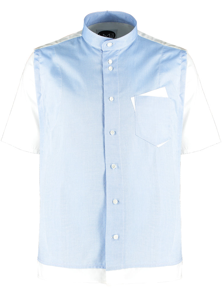 Collarless Picasso Oxford Shirt - White/Blue