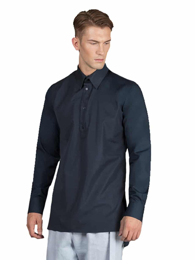 Navy Slim-fit Kaftan shirt with a polo-style collar with buttons opening to the chest.
