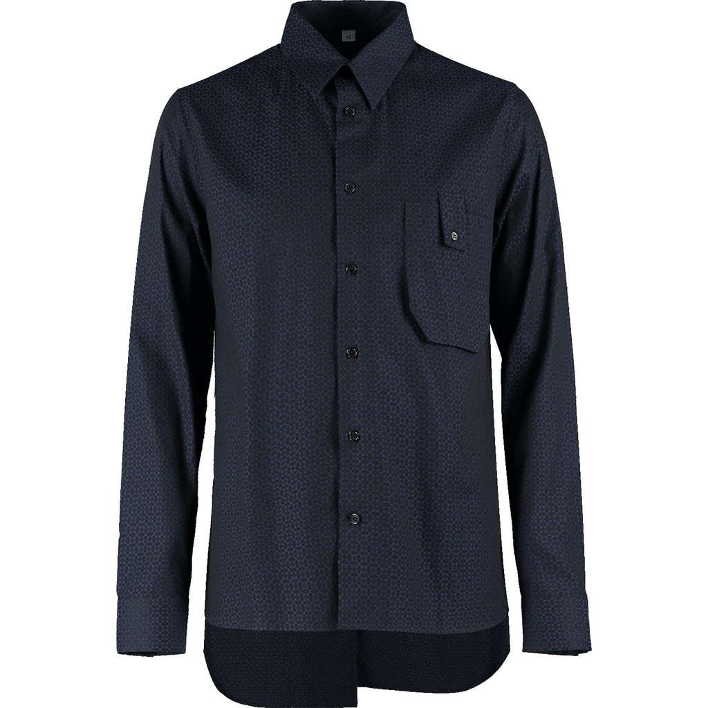Slim-Fit Print Shirt with Pleated Back - Navy