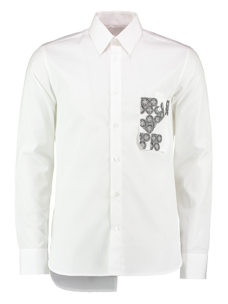 One-Off Slim-Fit Shirt with Pleated Back and Embroidery pocket - White